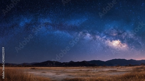 Vast, star-filled night sky arching over a dry, grassy landscape with distant hills