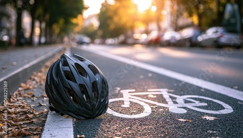 Black bicycle helmet rests on a sunny, tree-lined urban street with a bike lane