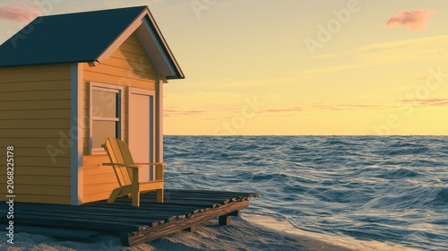 Small yellow beach cabin on wooden dock, ocean waves, sunset sky