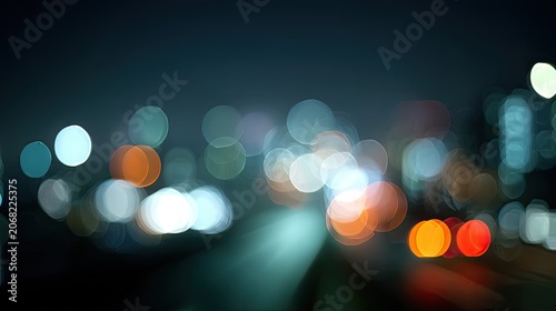 Blurry city lights at night, creating a dreamy, abstract bokeh effect