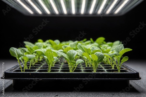 Young green seedlings growing in a tray under artificial grow lights