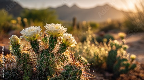 Golden sun illuminates blooming desert cacti after a morning dew