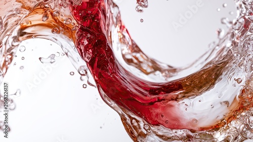Rich red liquid swirling dynamically with clear, splashing fluid