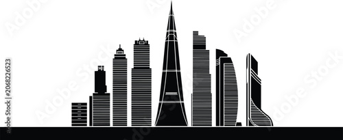 Diverse modern skyscraper silhouette collection, city skyline illustration and high rise, abstract background