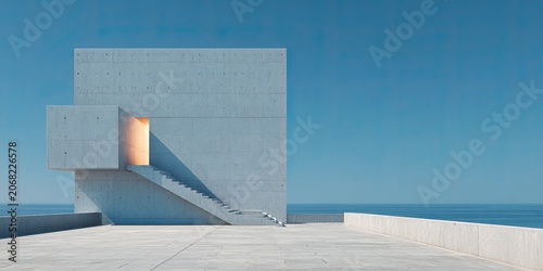 Modern concrete structure with illuminated entrance, outdoor stairs, and ocean backdrop