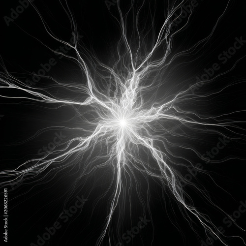White electric lightning burst on black background with bright energy lines radiating dynamic power