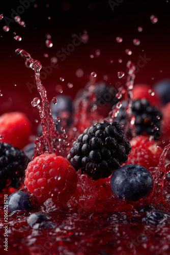 Close up vibrant and dynamic shot of various berries splashing in water, capturing fresh blackberry, raspberry, and blueberry with lively droplets