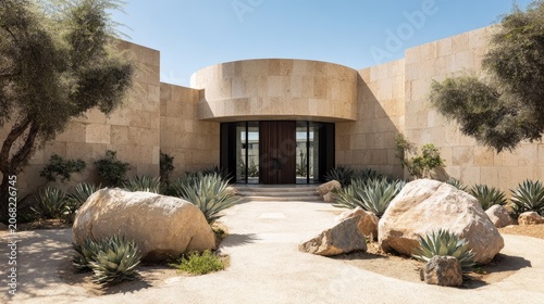 Modern desert home with expansive entryway and natural rock landscaping