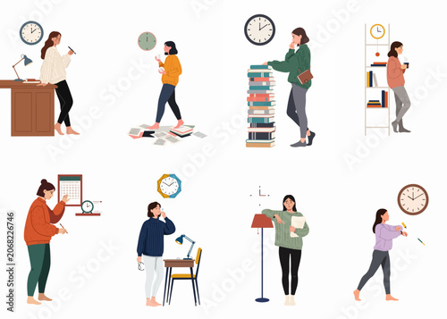 Billede på lærred Illustrations of women experiencing various stages of procrastination, deadline stress, and time management challenges in their work and daily life