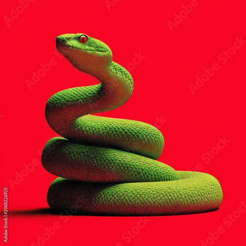 Digitally rendered green snake with textured scales is coiled against vibrant red background, creating striking and intense visual effect