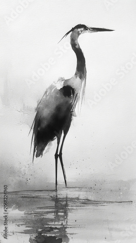 Minimalist black and white watercolor painting of heron standing in shallow water with its reflection visible, evoking calm and grace