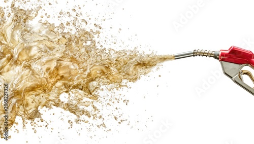 Red nozzle dispenses a liquid splash against a white background