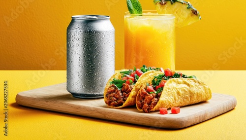 Refreshing beverage and savory tacos on a wooden board against a vibrant backdrop