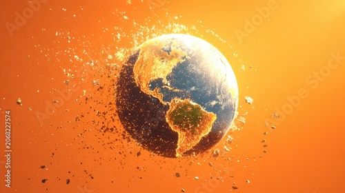 A planet exploding and fragmenting in a vibrant, fiery orange and yellow light