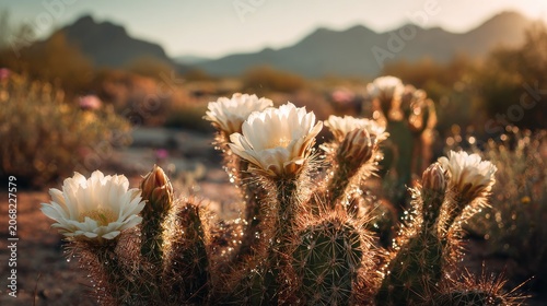 Sunlit desert blooms, glistening with dew, under a soft hazy sky