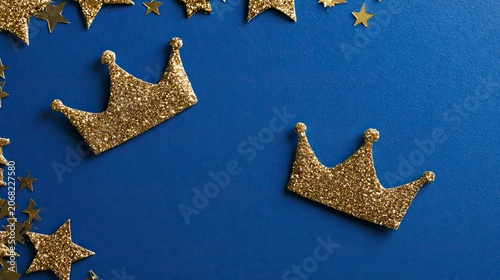 Glittery golden crowns and stars scattered on a vibrant blue background