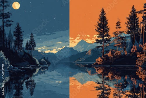 Pixel art split landscape, night and day, serene lake reflecting trees and mountains