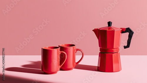 Two vibrant red mugs and a matching coffee maker sit on a pink surface