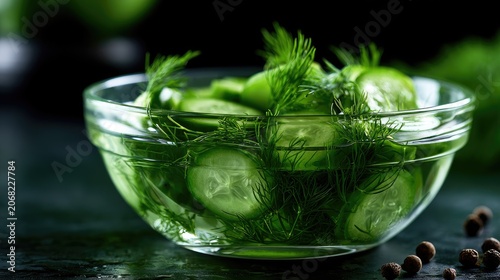 Freshly sliced cucumbers and dill in a clear glass bowl