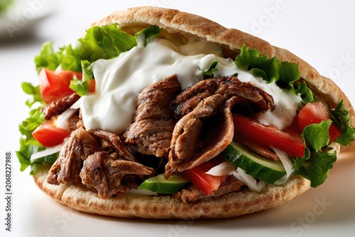 A hearty pita sandwich filled with grilled meat, fresh vegetables, and creamy sauce