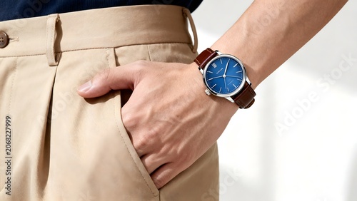 Man wearing a wristwatch with blue dial