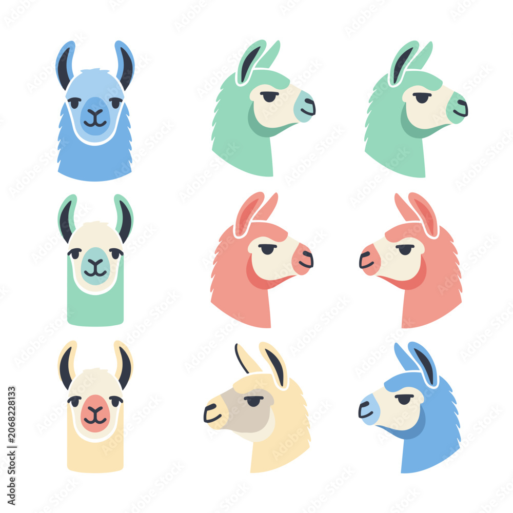 Fototapeta premium Collection of Minimalist Colorful Lama Head Icons
