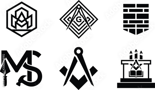 Canvas Print black and white set of masonic and construction symbols and logos on white backg