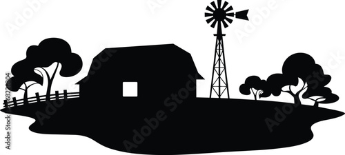 Farm scene silhouette featuring a barn and windmill on rolling hills with stylized trees and fence and landscape