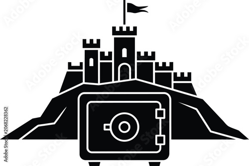 Fortress on a hill behind a secure safe symbolizing safety and investment and deposit box, iron and financial security and wealth management and black