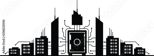 Futuristic cityscape with integrated circuit design and central processor element and board, smart city, and black and white in outline style