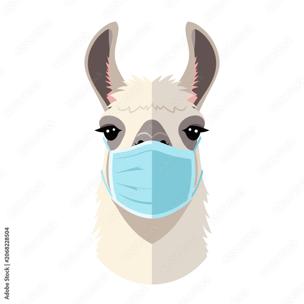 Fototapeta premium Responsible Lama Character Wearing a Blue Face Mask