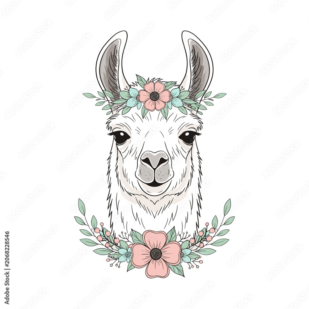 Fototapeta premium Elegant Lama Head Decorated with Pink Flower Wreath