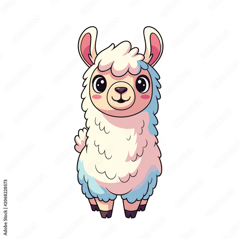 Fototapeta premium Cute Fluffy Pink Lama Standing Character