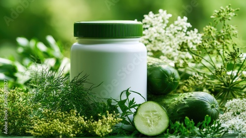 White supplement bottle nestled among fresh cucumbers, dill, and white flowers
