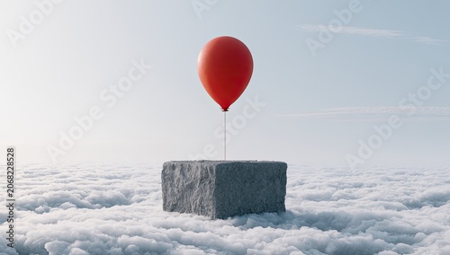 Red balloon floats above a stone block in a sky filled with clouds