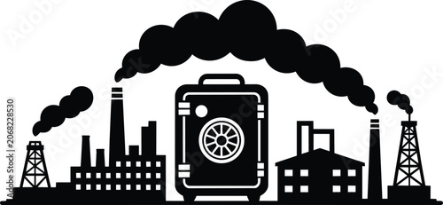 Industry and secure vault with smoke pollution from factories and industrial landscape, revolution, and production and fossil fuel and power plant