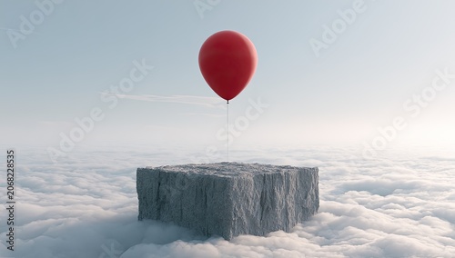 Floating red balloon attached to a rocky cube above a sea of clouds