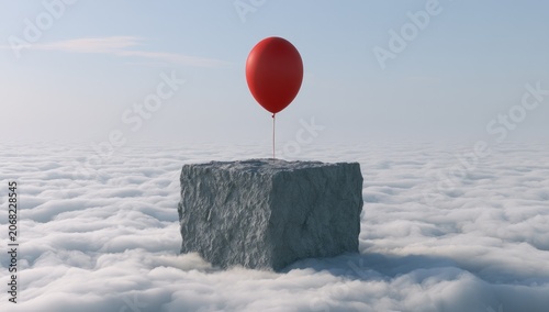 Red balloon floats above rough cube resting on a cloudscape