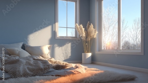 Cozy bedroom with soft light from windows and fluffy decor