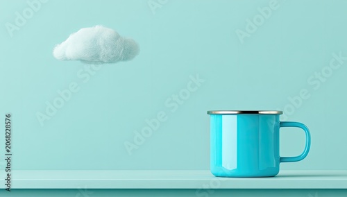 A bright blue mug sits on a shelf below a fluffy white cloud against a blue wall