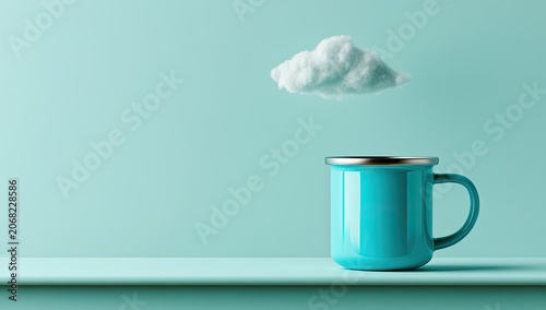 A teal mug sits on a shelf with a fluffy cloud floating above it