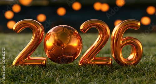 Golden 2026 numerals with soccer ball on grassy field