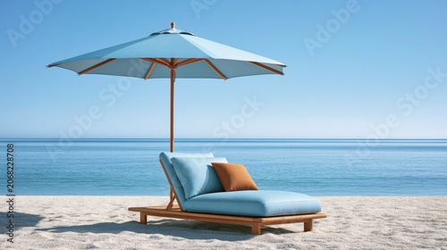 A tranquil beach scene with a chaise lounge and umbrella under a clear sky