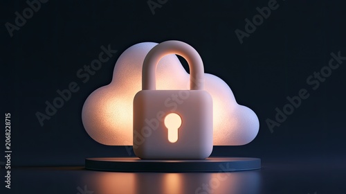 Digital cloud security with glowing padlock on dark background