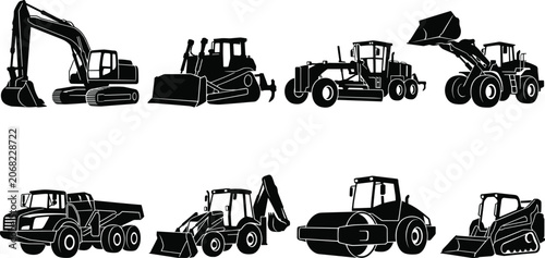 Konstfotografi Heavy Construction Equipment Silhouette Set with Excavator Bulldozer Loader Grad