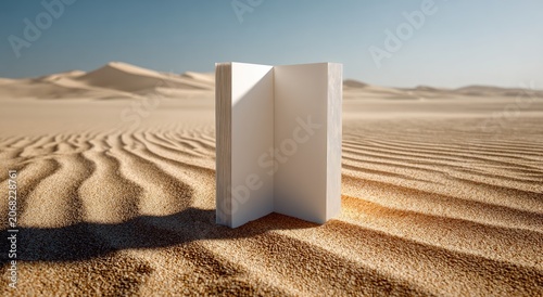 An open, blank book stands upright in a barren desert landscape under a clear sky
