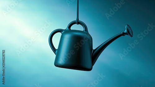 A dark, shiny watering can suspended from a thin cord against a gradient blue background