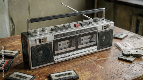 Vintage boombox rests on worn wooden table. Casings show signs of age and use. Radio antenna stands upright, slightly bent. Taped cassette reels scattered nearby