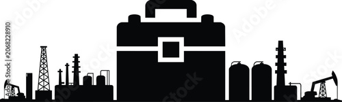 Oil industry silhouette with briefcase and industrial equipment and heavy pump jack, and storage tank and supply chain