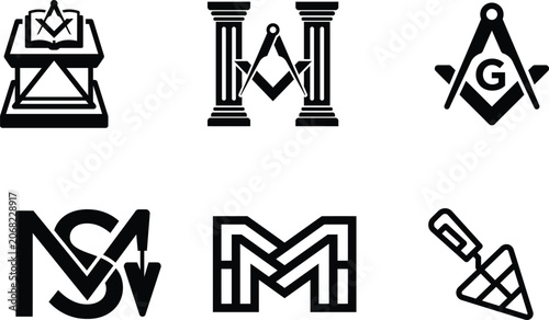 Masonic symbols and logos on white background